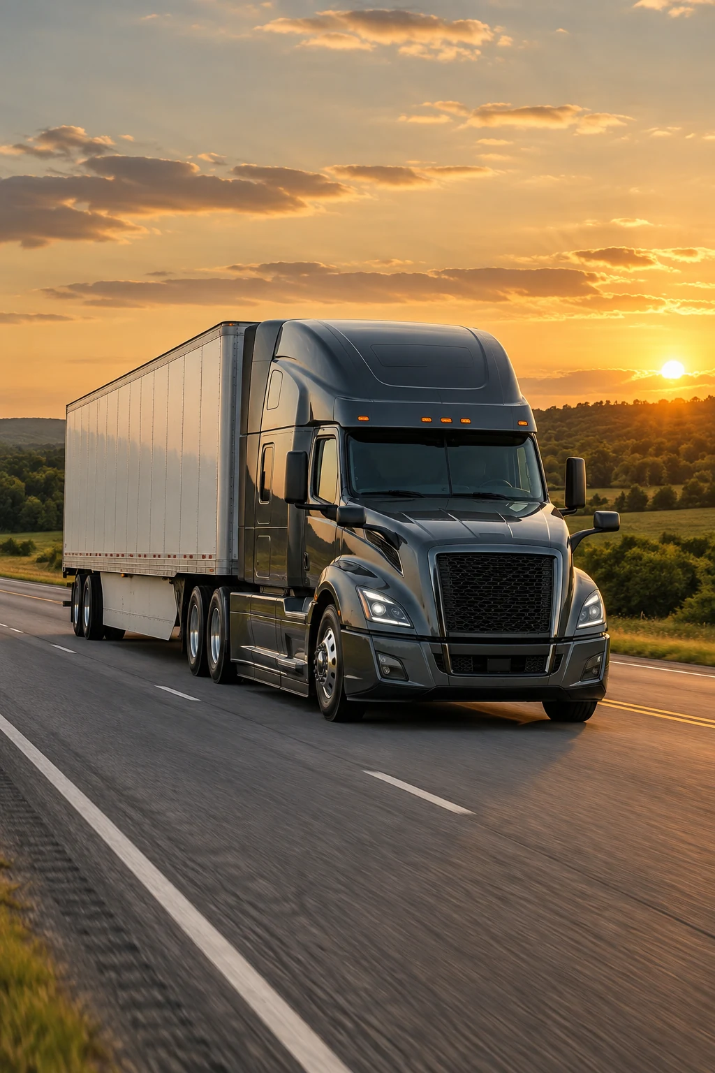 Graphite semi truck pulling a dry van trailer on a highway at sunset